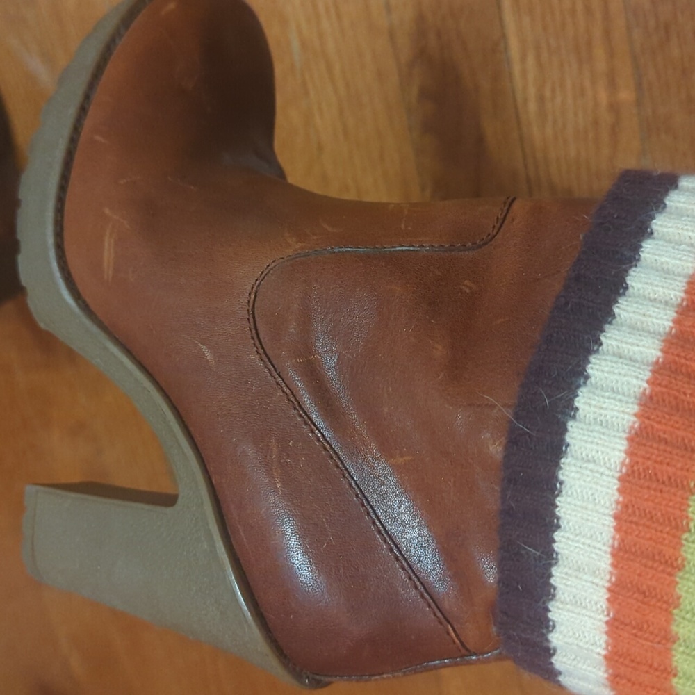 Coach Brown Heeled Boots with Multicolor Knit Cuff - Picture 2 of 4